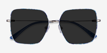 Shiny Sliver Blue Floral Fleur -  Metal Sunglasses